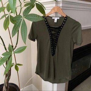 URBAN HERITAGE Green Lace up Short Sleeve T-shirt